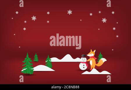Arte di carta e artigianato Natale sfondo. Una volpe felice e pupazzo di neve su sfondo rosso con spazio. Illustrazione Vettoriale