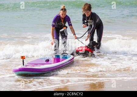 Poole, Dorset UK. 26 luglio 2020. Tempo in Gran Bretagna: Molto ventoso, ma caldo e soleggiato con onde ruvide alle spiagge di Poole. I cani e i loro proprietari si divertono in mare. Cocker Spaniel cane e paddle board con proprietario e istruttore in acqua. Credit: Carolyn Jenkins/Alamy Live News Foto Stock