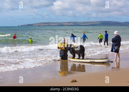 Poole, Dorset UK. 26 luglio 2020. Tempo in Gran Bretagna: Molto ventoso, ma caldo e soleggiato con onde ruvide alle spiagge di Poole. I cani e i loro proprietari si divertono in mare. Addestramento del cane - Terranova cane imparare a paddle board tavola. Credit: Carolyn Jenkins/Alamy Live News Foto Stock