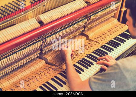 Processo di sintonizzazione del pianoforte. Primo piano della mano e strumenti di sintonizzazione che lavorano al pianoforte a coda. Vista dettagliata di piano verticale durante una sintonizzazione Foto Stock