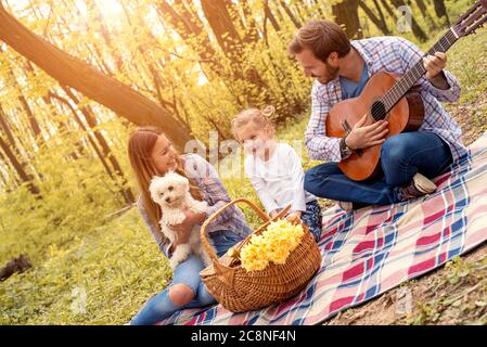 Angolo olandese fuoco poco profondo di una famiglia felice che ha un picnic in una foresta Foto Stock