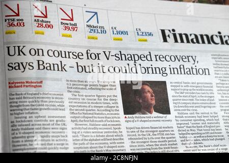 Sezione finanziaria del giornale Guardian titolo "UK on course for V-shaped recovery says Bank - But IT could inflation" 30 giugno 2020 Londra Foto Stock