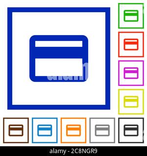 Set di icone quadrate colorate con cornice sulla carta di credito su sfondo bianco Illustrazione Vettoriale