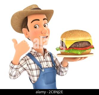 3d contadino che tiene grande hamburger con il pollice in su, illustrazione con isolato sfondo bianco Foto Stock