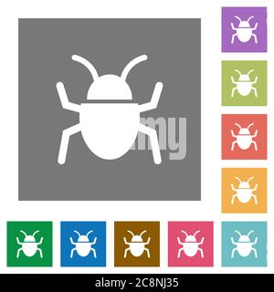 Icona bug piatta impostata su sfondo quadrato colorato. Illustrazione Vettoriale