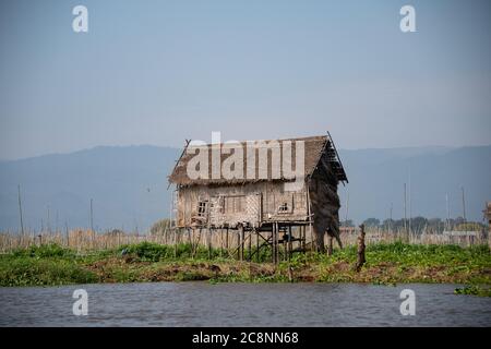 Lago Inle, Myanmar - Gennaio 2020: Tipico shack su palafitte, circondato da colture che sono coltivate su isole galleggianti artificiali intorno al lago Inle. Foto Stock