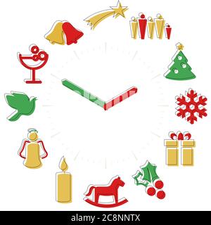 Illustrazione Vettoriale. Il tempo di Natale. Icone di attività in un orologio di sfera con ore. Illustrazione Vettoriale