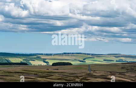 Vista a distanza sulla brughiera per la fattoria di turbine eoliche sulla collina, confini scozzesi, Scozia, Regno Unito Foto Stock