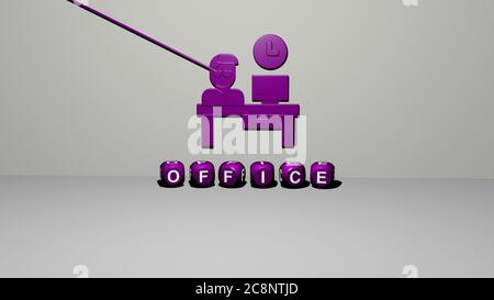 Illustrazione 3D di grafica per ufficio e testo realizzato con lettere a dadi metallici per i significati relativi del concetto e delle presentazioni. Business e uomo d'affari Foto Stock