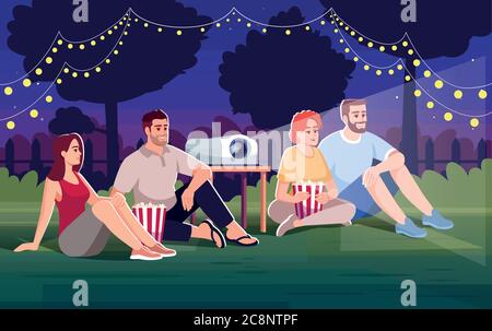Film notte all'aperto semi piatto illustrazione vettoriale. Persone con popcorn vicino al proiettore. Guarda il film insieme all'esterno. Amici in cortile 2D ca Illustrazione Vettoriale