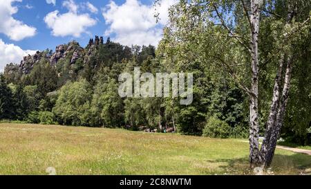 Prato estivo sulla strada per la roccia delle monache di Jonsdorf Foto Stock