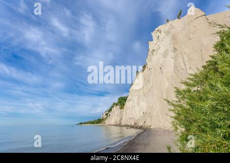 Rocce e scogliere di sabbia, alberi verdi e la vegetazione del parco Scarborough Bluffs, che si affaccia sul lago Ontario a Toronto, in una soleggiata giornata estiva. Foto Stock