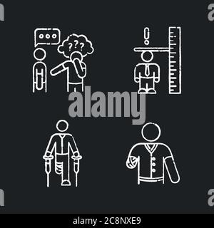 Condizioni mediche icone bianche gesso impostate su sfondo nero. Sindrome di Asperger. Difficoltà con l'interazione sociale. Adulto con narfismo. Assistenza sanitaria p Illustrazione Vettoriale