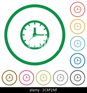 Set di icone piatte con contorno rotondo e colore orologio su sfondo bianco Illustrazione Vettoriale