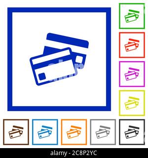Set di icone quadrate colorate con cornice sulla carta di credito su sfondo bianco Illustrazione Vettoriale