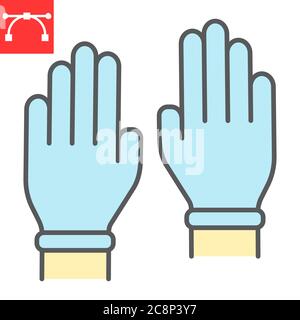 Guanti di sicurezza icona linea colore, igiene e protezione, guanti in gomma segno grafica vettoriale, icona tratto modificabile riempito contorno, eps 10. Illustrazione Vettoriale