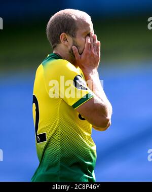 Teemu Pukki di Norwich City durante la partita della Premier League all'Etihad Stadium di Manchester. Foto Stock