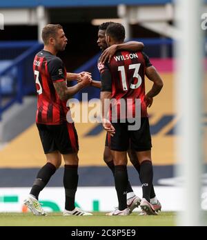 Liverpool, Regno Unito. 26 luglio 2020. Jefferson Lerma di Bournemouth festeggia dopo aver segnato il loro secondo gol per fare il punteggio 1-2 durante la Premier League match tra Everton e Bournemouth al Goodison Park il 26 luglio 2020 a Liverpool, Inghilterra. (Foto di Daniel Chesterton/phcimages.com) Credit: PHC Images/Alamy Live News Foto Stock