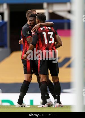 Liverpool, Regno Unito. 26 luglio 2020. Jefferson Lerma di Bournemouth festeggia dopo aver segnato il loro secondo gol per fare il punteggio 1-2 durante la Premier League match tra Everton e Bournemouth al Goodison Park il 26 luglio 2020 a Liverpool, Inghilterra. (Foto di Daniel Chesterton/phcimages.com) Credit: PHC Images/Alamy Live News Foto Stock