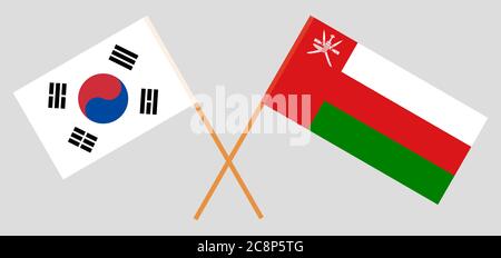Bandiere incrociate di Oman e Corea del Sud. Colori ufficiali. Proporzione corretta. Illustrazione vettoriale Illustrazione Vettoriale