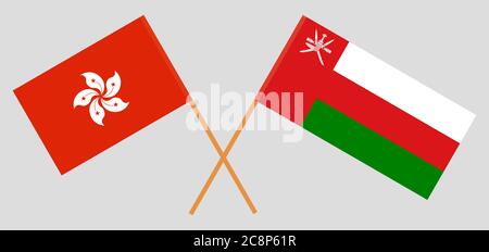 Bandiere incrociate di Oman e Hong Kong. Colori ufficiali. Proporzione corretta. Illustrazione vettoriale Illustrazione Vettoriale