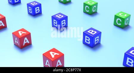 Scuola, prescolare mantenere la distanza, coronavirus giorni concetto. ABC caratteri in linee, sfondo blu color pastello. illustrazione 3d Foto Stock