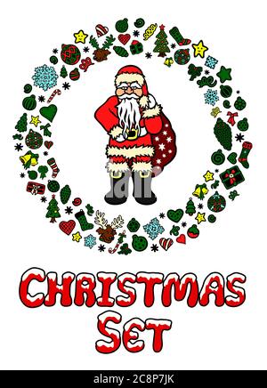 Bella grande collezione di natale con babbo natale e molti altri doodles su sfondo bianco Illustrazione Vettoriale