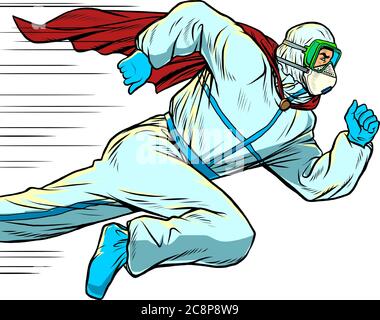 super Hero medico corre. Covid19 epidemia di coronavirus Illustrazione Vettoriale