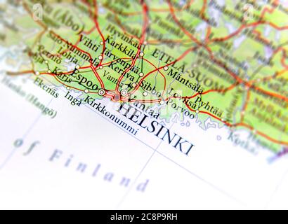 Mappa geografica del paese europeo Finlandia con la capitale Helsinki Foto Stock