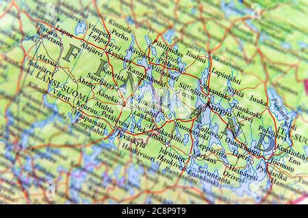 Mappa geografica del paese europeo Finlandia con città importanti Foto Stock