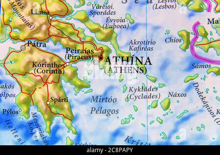 Mappa geografica del paese europeo Grecia città Atene Foto Stock