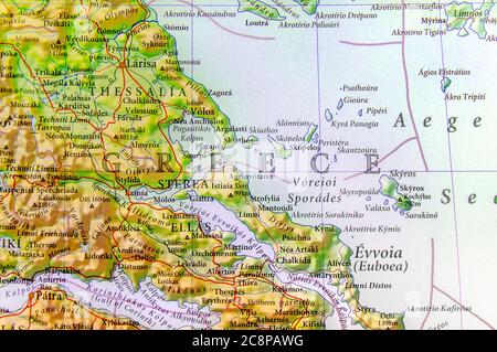 Mappa geografica del paese europeo Grecia con città importanti Foto Stock