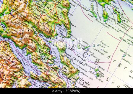 Mappa geografica del paese europeo Grecia con città importanti Foto Stock