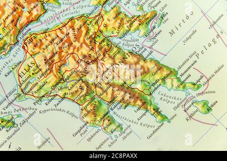 Mappa geografica del paese europeo Grecia con l'isola del Peloponneso Foto Stock