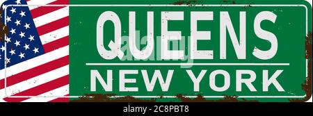 New york Queens Road segno arrugginito su sfondo bianco Illustrazione Vettoriale