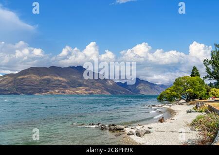 Spiaggia sulle rive del Lago Wakatipu, Queenstown, Nuova Zelanda Foto Stock