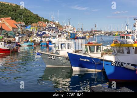 Le barche da pesca sono ormeggiate insieme lungo un molo e gli edifici si ergono lungo il lungomare. Un'antica cinta muraria corre lungo la cima di una collina. Foto Stock
