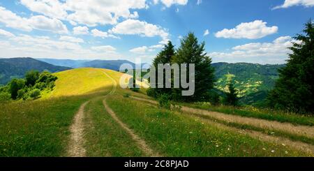 paesaggio rurale in un giorno d'estate. strada sterrata nei campi erbosi e colline ondulate. nuvole soffici su un cielo blu bellissimo scenario di falesia montagnosa Foto Stock