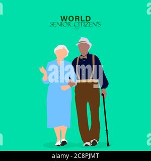 Illustrazione vettoriale della Giornata mondiale degli anziani, che si osserva il 21 agosto. Persone anziane che camminano, si siedono e ridono divertendosi. Illustrazione Vettoriale