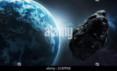 Asteroide e generico pianeta blu terrestre con ambiente. Illustrazione concettuale dello spazio esterno o della rappresentazione 3D dello spazio. Foto Stock