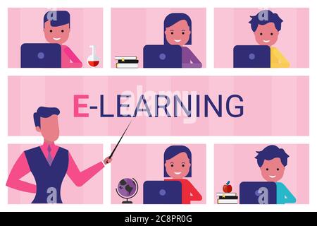 Insegnante di insegnamento dei bambini ai notebook durante la classe online, sfondo rosa Illustrazione Vettoriale