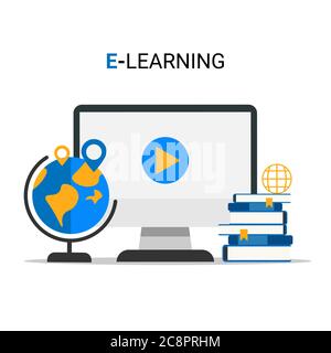 Computer con Globe e libri su sfondo bianco, Illustrazione, quadrato Illustrazione Vettoriale