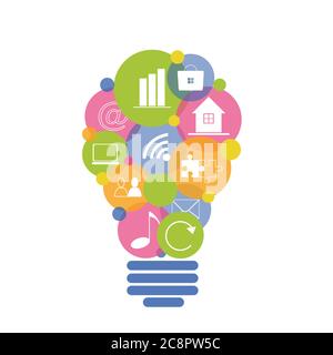 Lampadina fatta di icone colorate di Internet, sfondo bianco, vettore Illustrazione Vettoriale