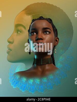 Grafica 3D per computer di un ritratto di una donna nera sicura Foto Stock