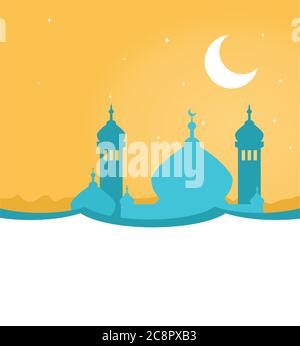 Colorato biglietto d'auguri Eid modello con moschea blu. Profilo dello skyline della città araba con moschea, minareti e luna crescente contro il cielo. Foto Stock