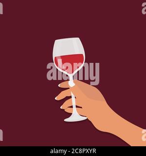 Femmina mano che tiene vetro di vino rosso su sfondo Borgogna Illustrazione Vettoriale