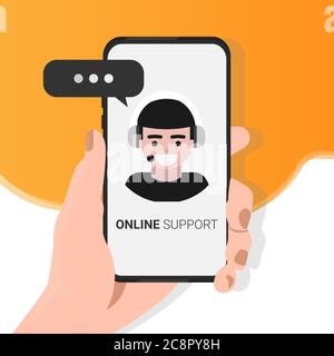 Smartphone con assistente virtuale aperto, sfondo giallo, illustrazione Illustrazione Vettoriale