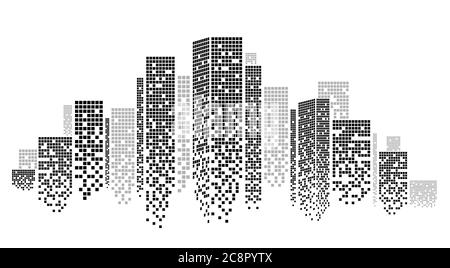 Centro commerciale della città contemporanea con sagome di grattacieli su sfondo bianco, illustrazione vettoriale Illustrazione Vettoriale
