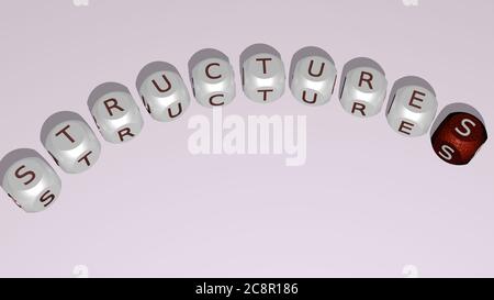 strutture combinate da lettere a dadi e croci di colore per i significati relativi del concetto. background e astratto. Illustrazione 3D Foto Stock