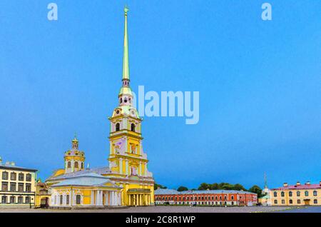 Disegno acquerello della Cattedrale di San Pietro e Paolo Chiesa ortodossa con guglia dorata nella Fortezza di Pietro e Paolo sull'Isola di Zayachy Hare, vista al crepuscolo serale, città di San Pietroburgo, Russia Foto Stock